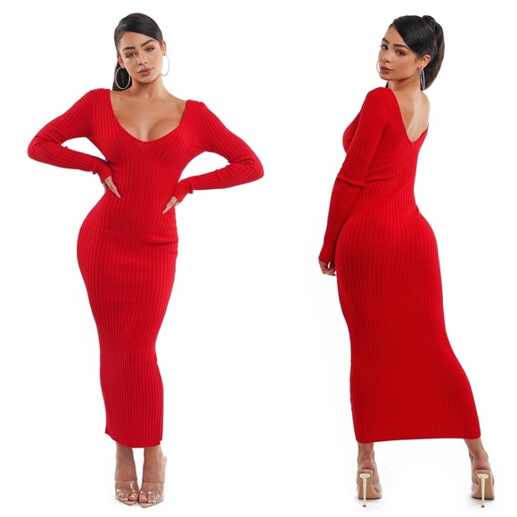 Red Long Sleeve Knit Maxi Dress - Picture 1 of 5